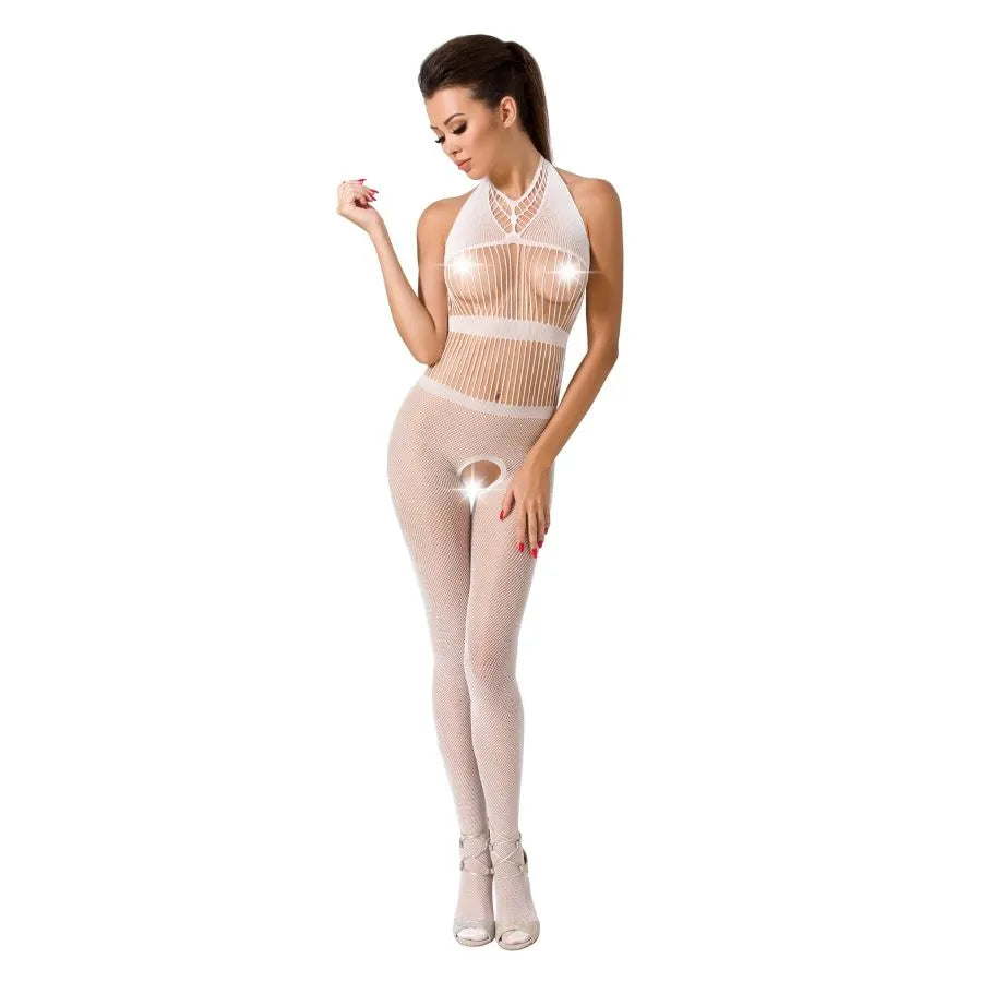 PASSION FEMME BODYSTOCKING RÉSILLE DENTELLE OUVERTURE ENTREJAMBE SEXY BLANC