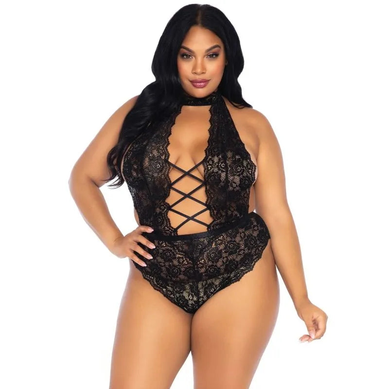 teddy sans bretelles grande taille dentelle florale noire Leg Avenue féminité élégance