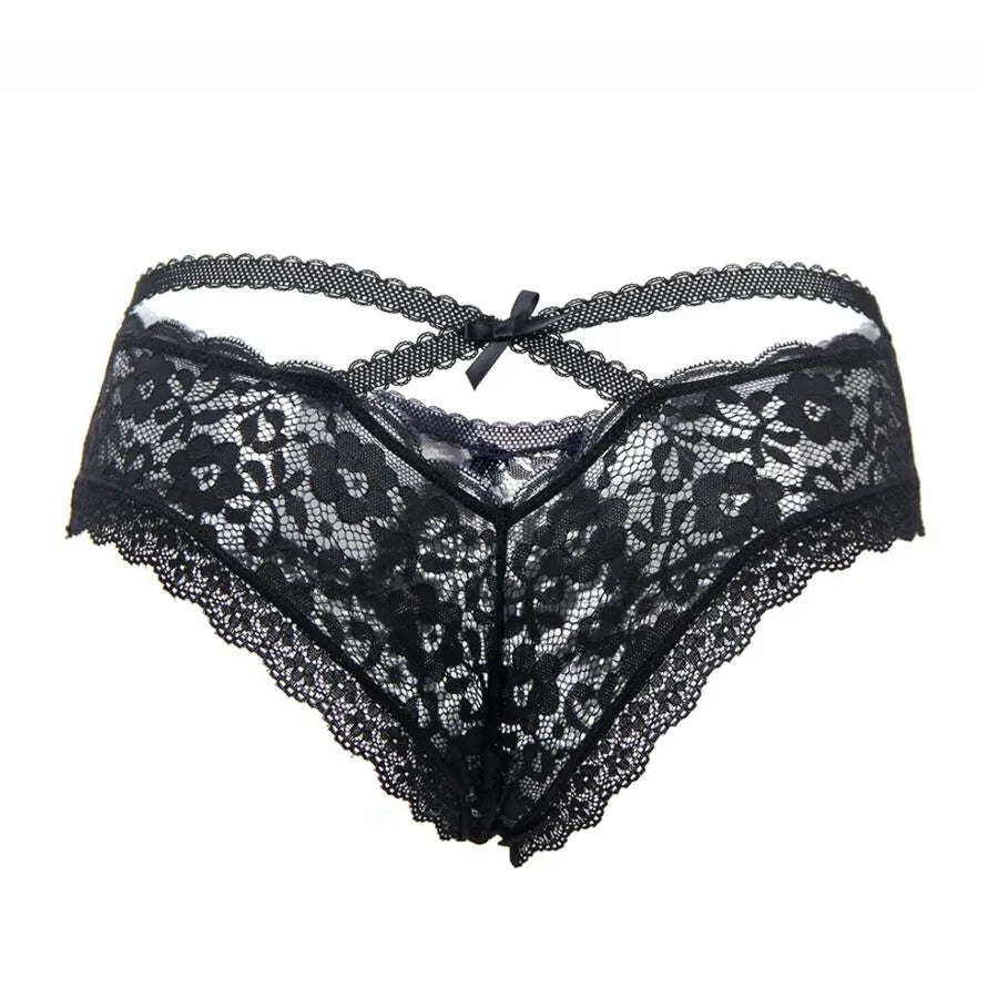 Culotte dentelle florale noire, élégante et sexy, motifs délicats, taille S/M, en nylon et élasthanne, style raffiné.