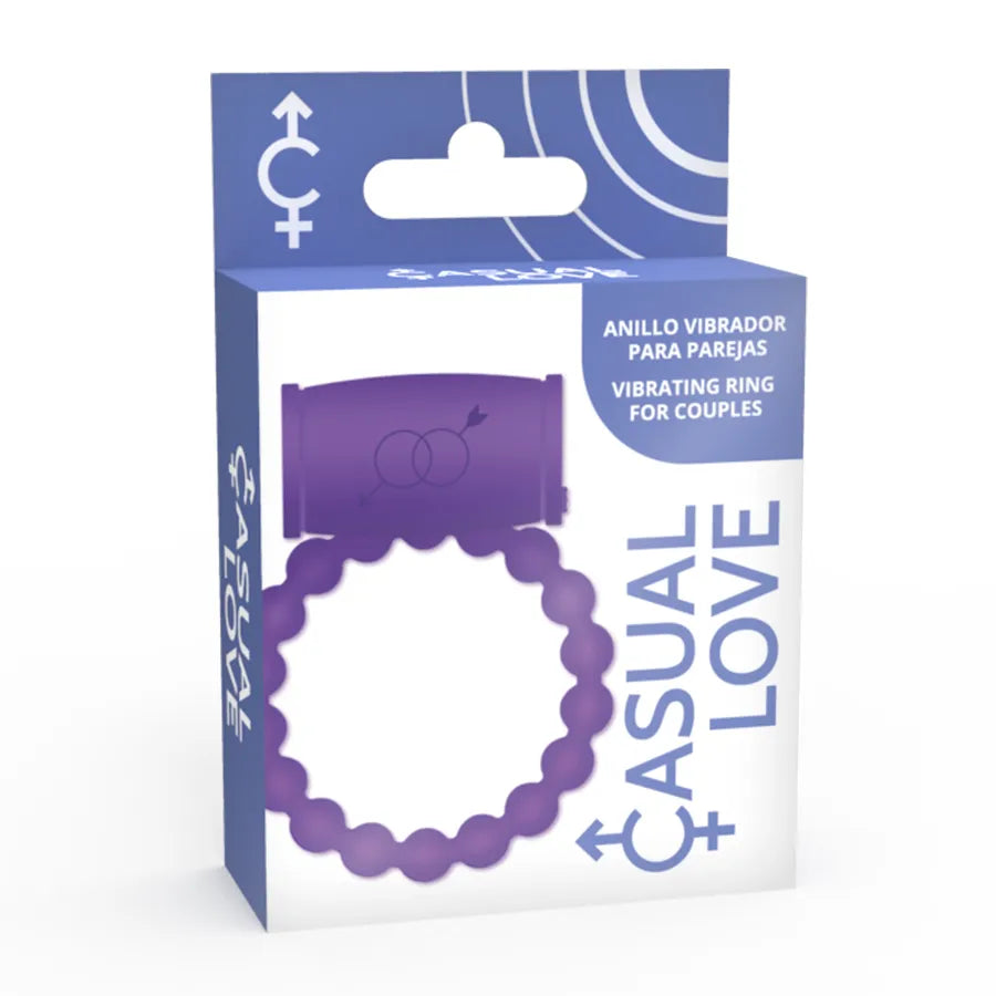 Anneau pénien vibrant violet en silicone, stimulation clitoris, retard éjaculation, étanche, rechargeable, emballage bleu.