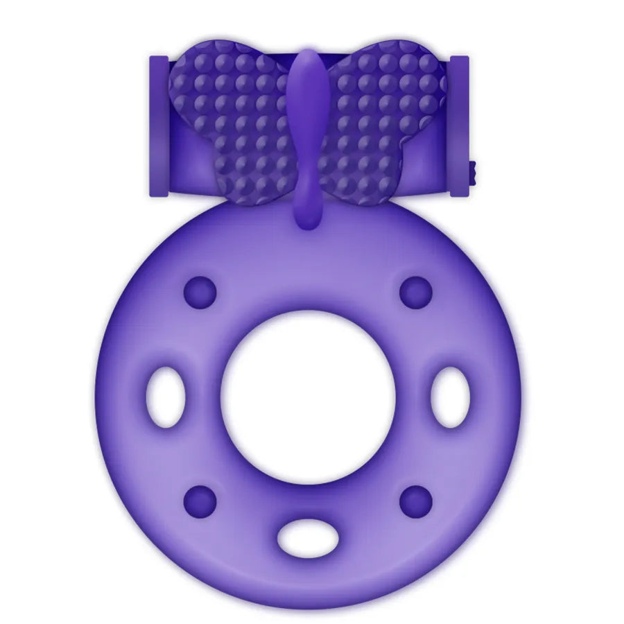 Anneau vibrant violet en TPR flexible, texture douce, stimulation clitoridienne, ergonomique, discret, pile incluse.