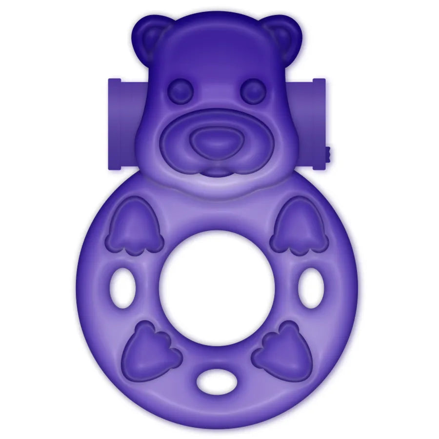 Anneau violet en TPR avec tête d'ours, stimulateur clitoridien vibrant, design flexible pour confort et prolongation érect...