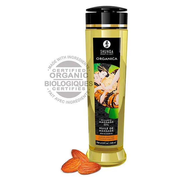 Huile de massage érotique Shunga Organica bio aux amandes 240ml design japonais art érotique bouteille transparente kissable certifiée cosmétiques intimes sexy cadeau couple