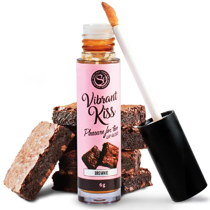 gloss lèvres vibrant érotique sensoriel plaisir partagé intime luxueux vibrations douces texture lisse brunâtre gourmande applicateur mousse capuchon discret élégant