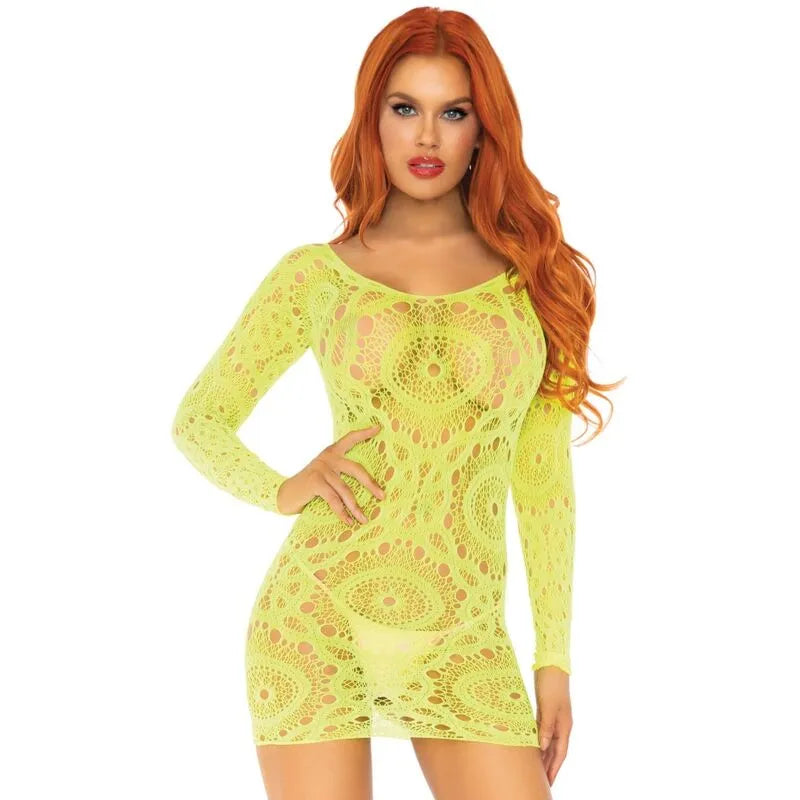 mini robe dentelle crochet manches longues néon féminine séduisante élégante raffinée extensible moulante nylon élasthanne taille unique