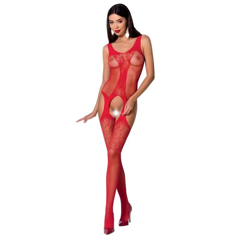 body résille rouge dentelle transparente ouverture entrejambe sexy taille unique élastique polyamide élasthanne confortable fabrication européenne