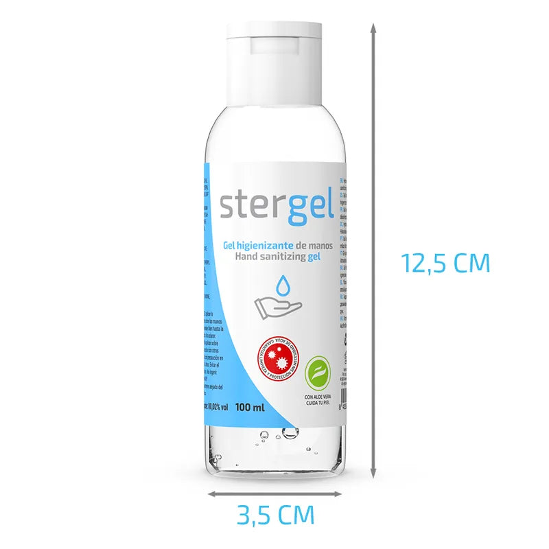 Flacon transparent de gel désinfectant mains 100ml STERGEL, étiquette bleue et blanche, aloe vera, normes EN1500 EN14476.