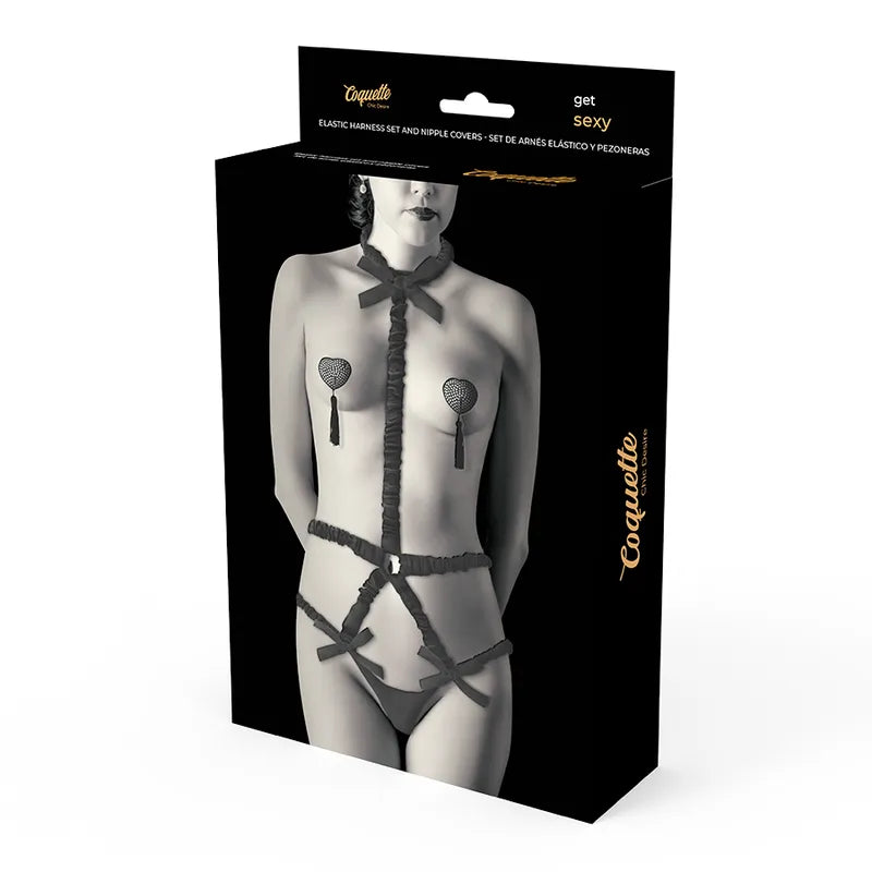 Harnais lingerie noir élégant avec look corset, détails ajustables, protège-tétons, taille unique, style luxe et sensuel.