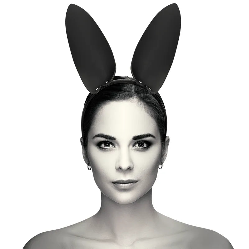 Bandeau oreilles lapin noir en cuir vegan luxe, accessoire lingerie élégante, ajustable et confortable, style chic et sens...