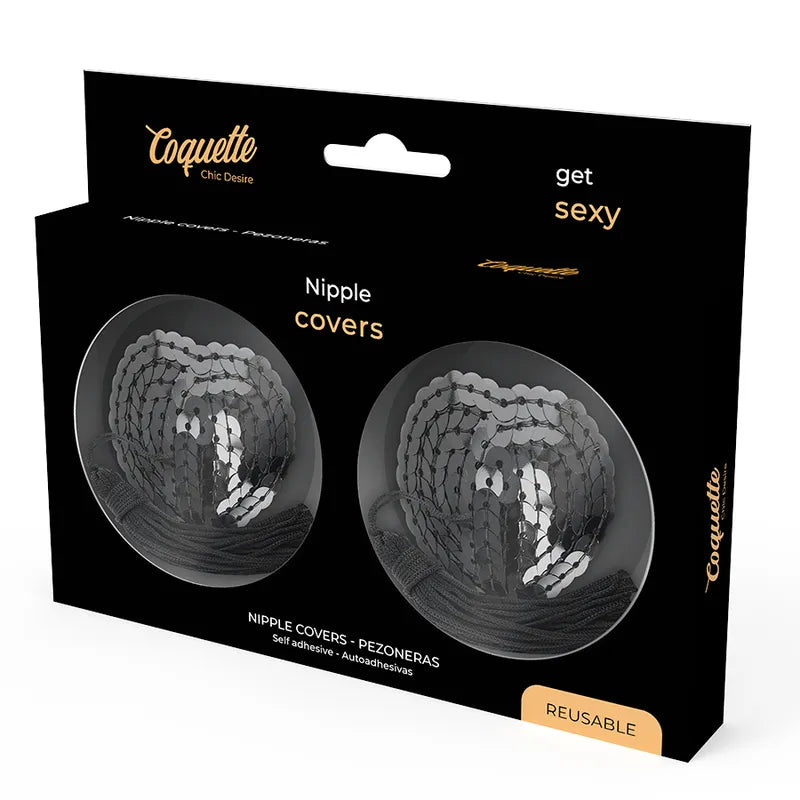 Cache-tétons paillettes noires Coquette Chic Désir, élégants et adhésifs, pour séduction raffinée et confort longue durée.