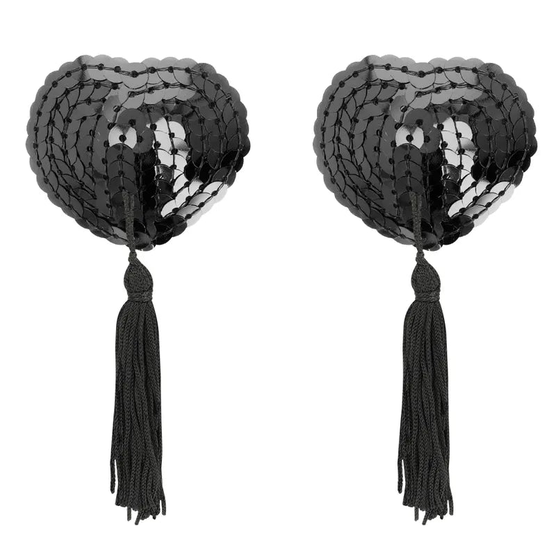 Cache-tétons paillettes noires en forme de cœur avec pompons, élégants et audacieux pour séduction raffinée.