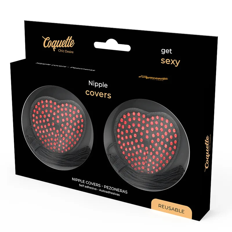 Cache-tétons adhésifs rouges à pois noirs, forme ronde, emballage Coquette Chic Désir, réutilisables et discrets.