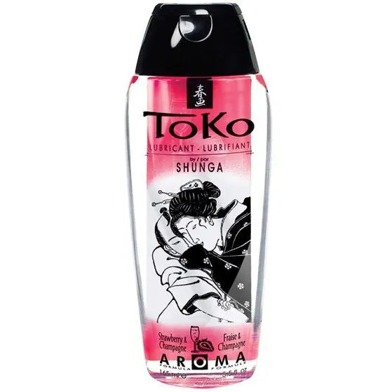 Lubrifiant aromatisé Shunga TOKO Fraise Champagne hydrosoluble non toxique ultra soyeux volume 165ml rose goût agréable ingestible ergonomique bouchon discret
