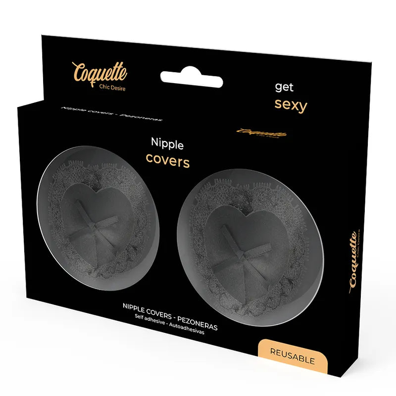 Cache-tétons en dentelle noire adhésifs, forme cœur, emballage Coquette Chic Désir, élégance et sensualité.