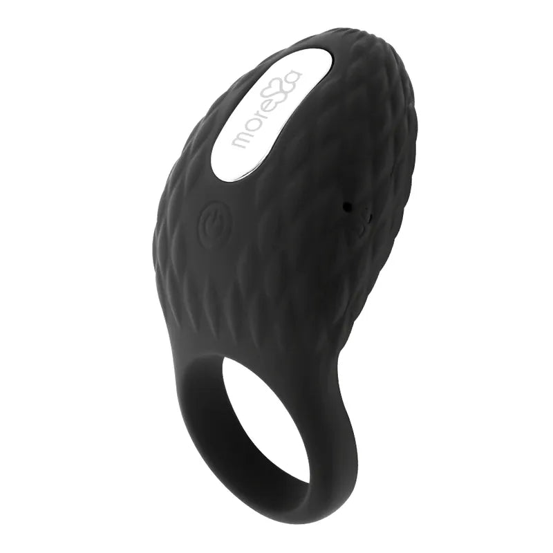Anneau vibrant noir texturé en silicone premium, ergonomique, rechargeable, étanche, idéal pour couple.