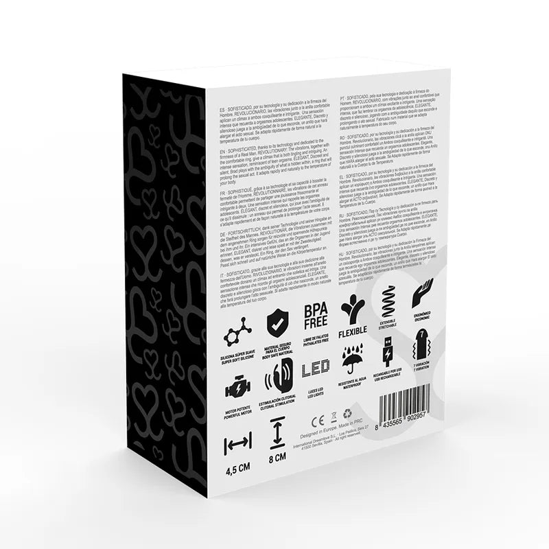 Anneau vibrant silicone noir texturé, ergonomique, étanche, rechargeable, sur fond blanc, boîte avec icônes et texte.