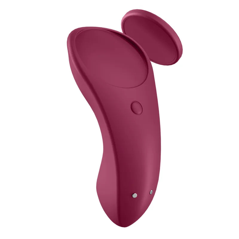 Culotte Satisfyer bordeaux ergonomique, silicone médical, stimulation discrète, design élégant, bien-être personnel.