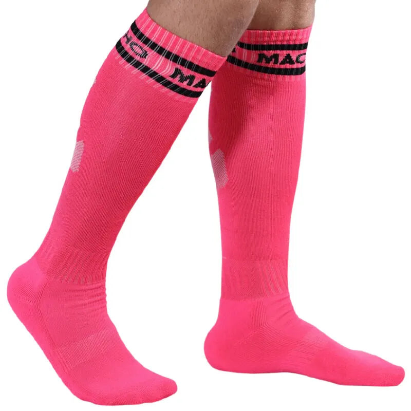 Chaussettes longues roses demi-jambe logo Macho, fibre synthétique, style football, taille unique 38-43, confort élastique.