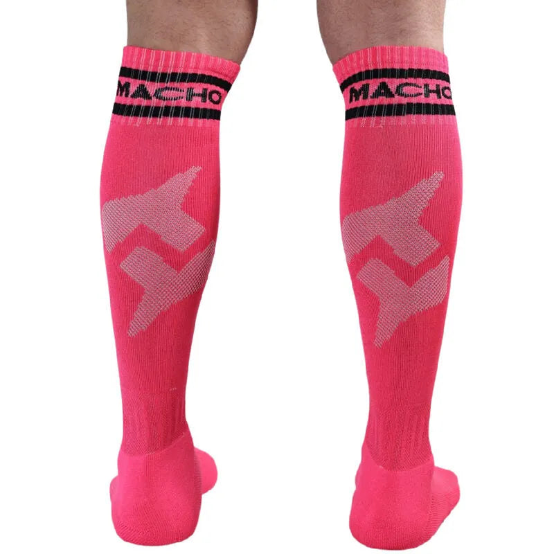 Chaussettes longues roses demi-jambe logo Macho, fibre synthétique, style bas de football, taille unique 38-43.