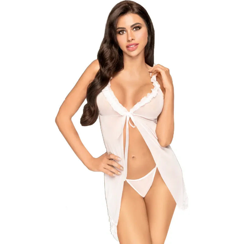 nuisette string courte transparente élégante luxueuse lingerie féminine sexy volants noeud poitrine ouverte légère aérienne confortable blanche finitions dorées