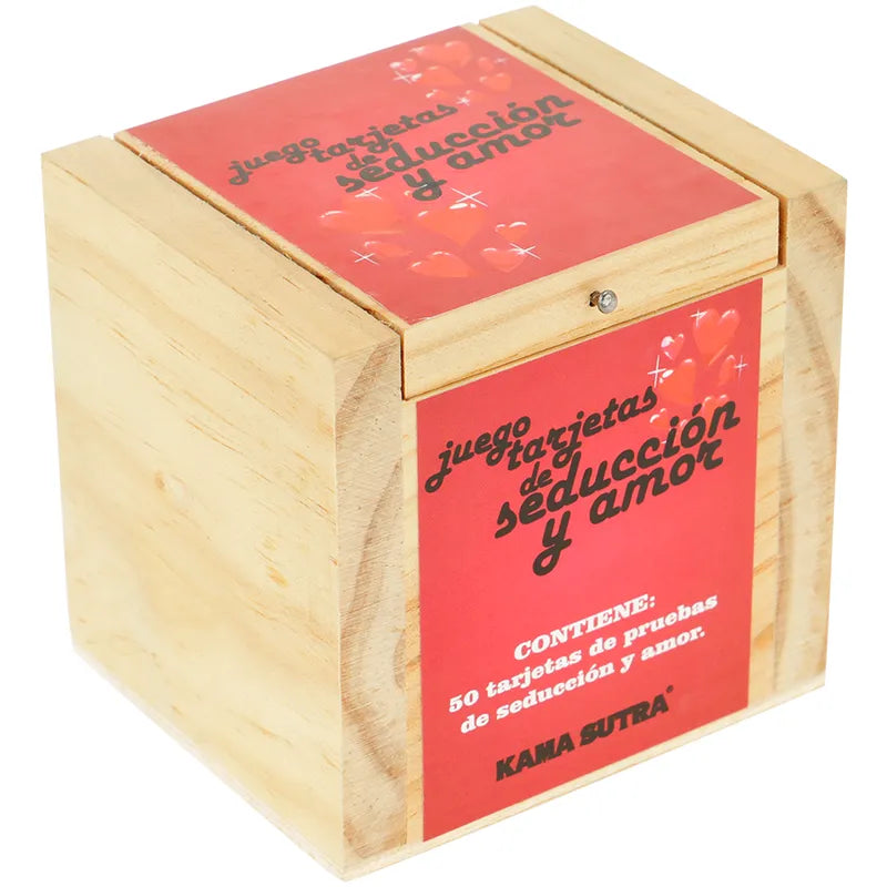 Boîte en bois d'olivier avec cartes de défis érotiques, design élégant et raffiné pour soirées intimes en couple.