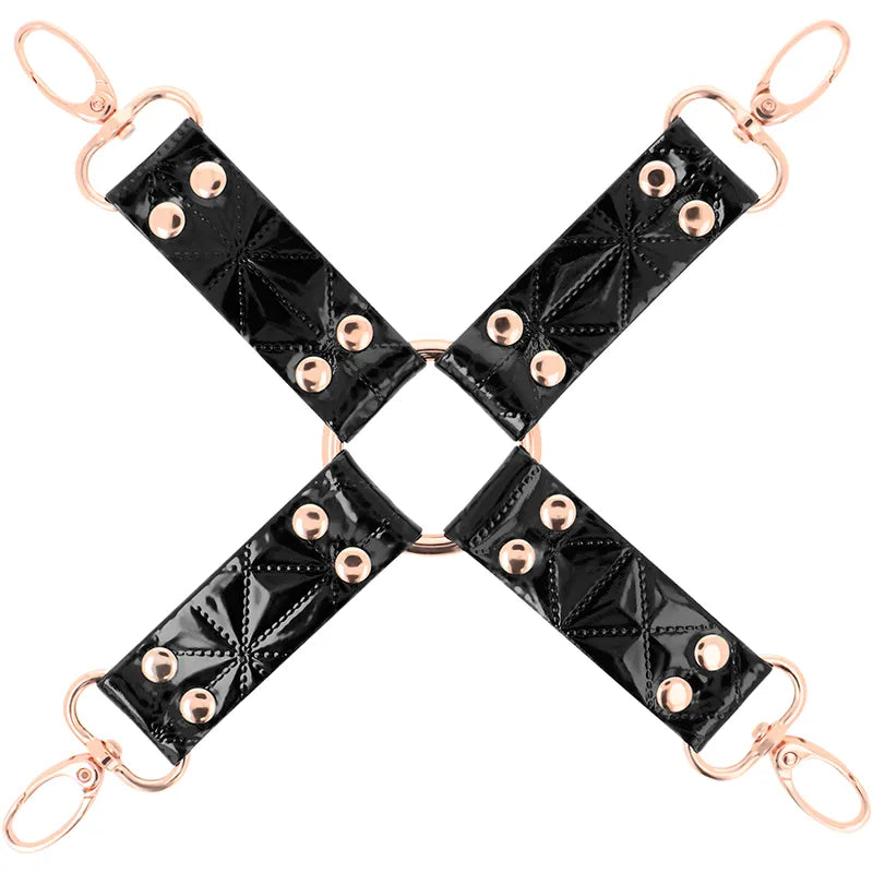 Cravate bondage cuir végétalien néoprène doublure métal sans nickel confort sécurité réglable compatible menottes bracelets cheville