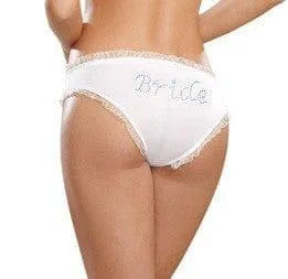 Culotte panty blanche en microfibre avec volants latéraux, inscription Bride, élégante et confortable pour femme.