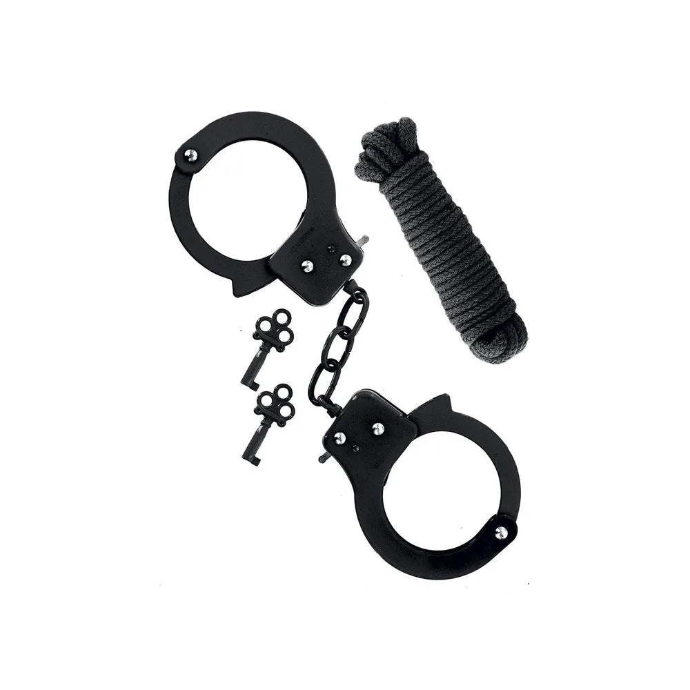 coffret bondage noir menottes métal robuste clés corde trois mètres portable léger durable sécurité optimale débutants experts domination sensuelle