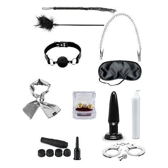 ensemble fétiche érotique complet sensuel élégant sécurisé polyvalent stimulant intense menottes bâillon plug anal masque cravate bougie plume