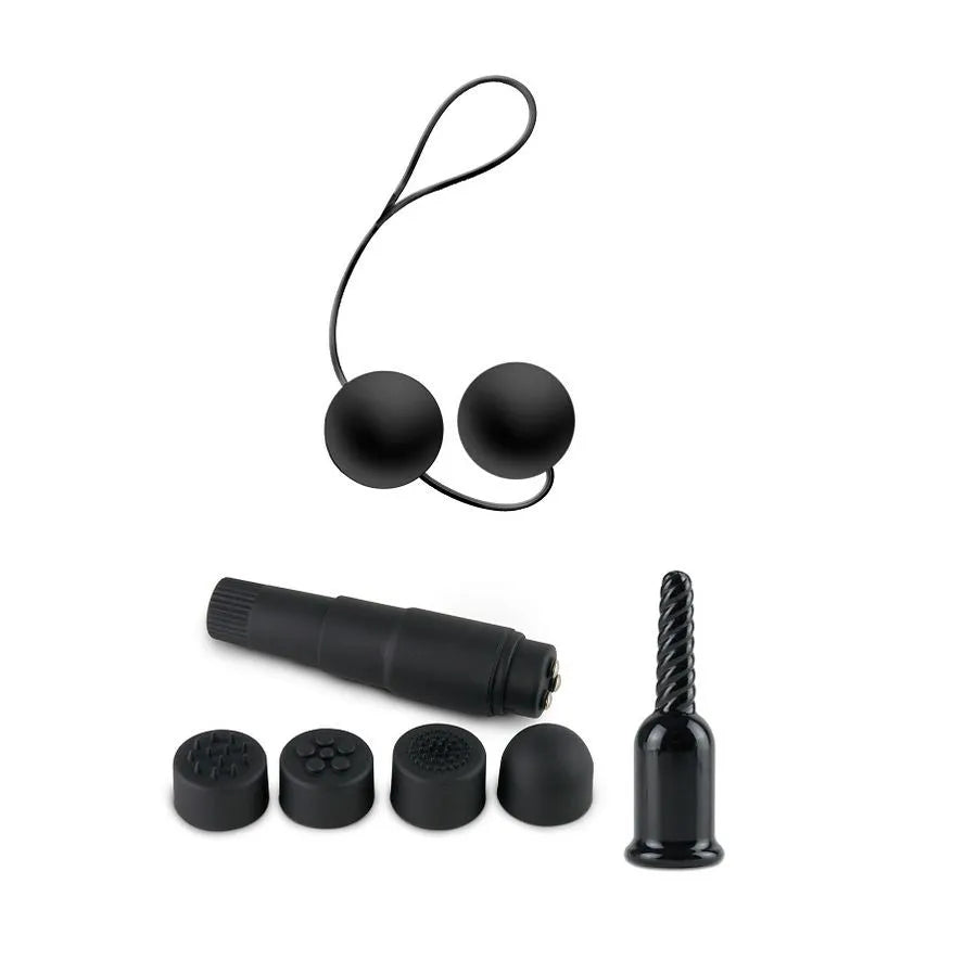 Kit fétiche érotique noir avec menottes, bâillon, plug anal, masque, cravate, bougie et plume pour exploration sensuelle.