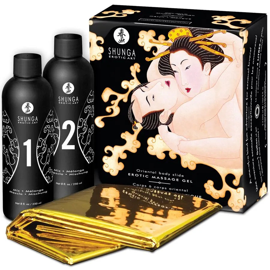 Coffret Gel Massage Érotique Shunga Melon Mangue sensoriel exotique aromatique glissant douceur luxueux feuille dorée flacons 250ml naturel peau compatible