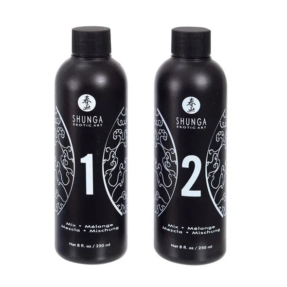 Coffret Gel Massage Érotique Shunga, flacons noirs 250ml, design oriental, arômes melon mangue, luxe sensoriel.