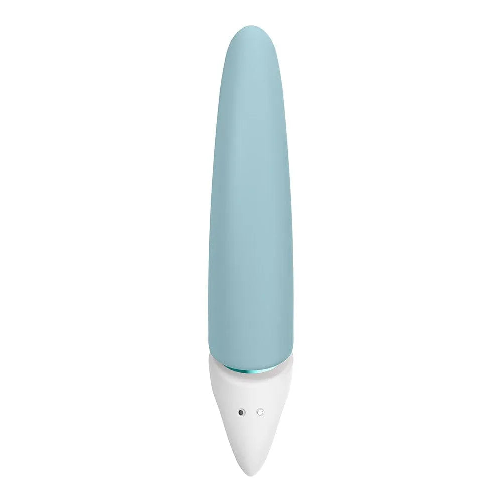 Sextoy bleu en silicone hypoallergénique, forme allongée, partie du coffret Satisfyer Fabulous Four, étanche IPX7.