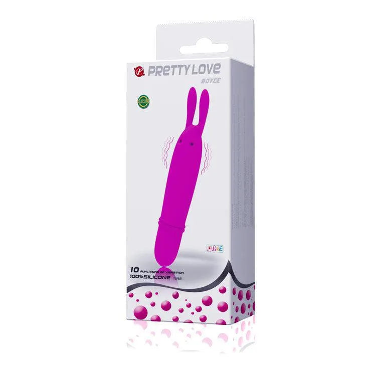 Mini vibromasseur lilas en silicone, forme ergonomique, 10 modes, emballage élégant, hypoallergénique et submersible.