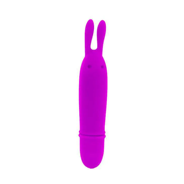 Mini vibromasseur lilas en silicone doux, forme ergonomique, oreilles de lapin, 10 modes, compact et submersible.