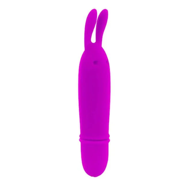 Mini vibromasseur lilas en silicone, forme ergonomique, oreilles de lapin, 10 modes, compact et submersible.