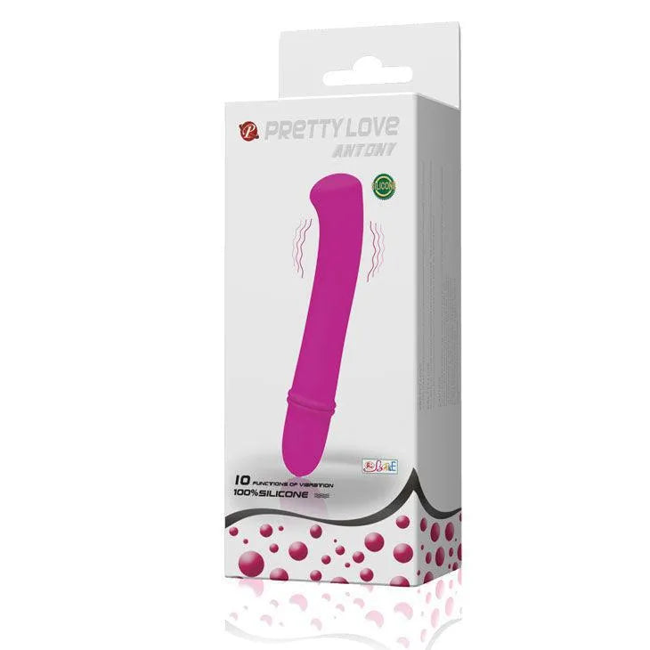 Vibromasseur lilas en silicone Pretty Love, design ergonomique, emballage élégant, stimulation optimale.