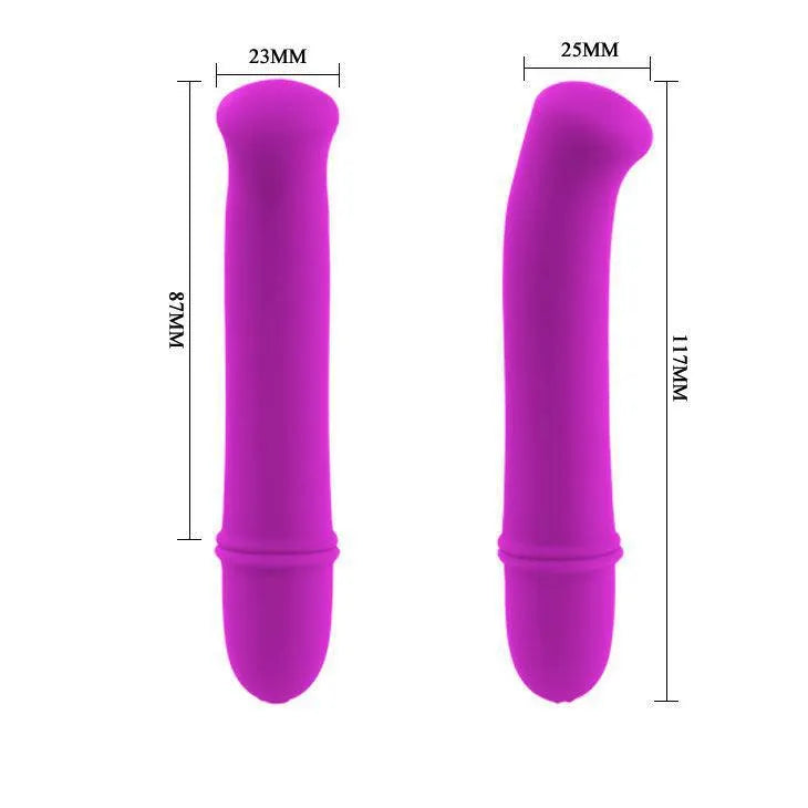 Vibromasseur lilas en silicone, design ergonomique, dimensions visibles, élégant et doux, sans phtalates.