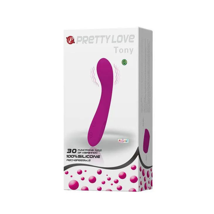 Vibromasseur lilas en silicone ergonomique, 30 fonctions, doubles moteurs, boîte blanche avec illustration produit.