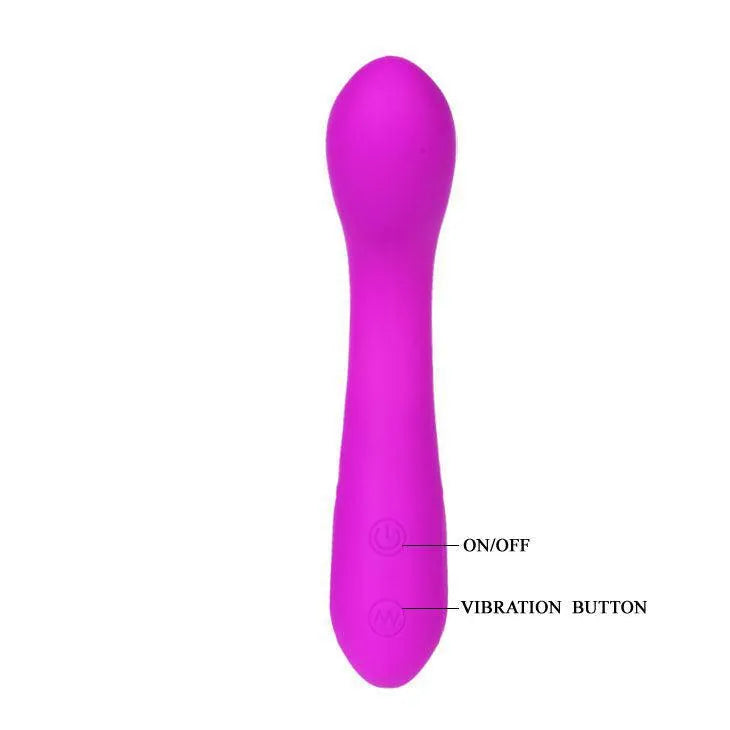 Vibromasseur lilas en silicone, forme ergonomique, 30 fonctions, boutons on/off et vibration visibles.