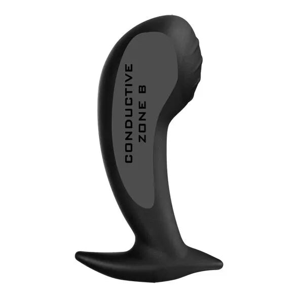 Électrode noire en silicone, courbe ascendante nervurée, connecteurs 2mm, pour massage point G, ergonomique et texturée.