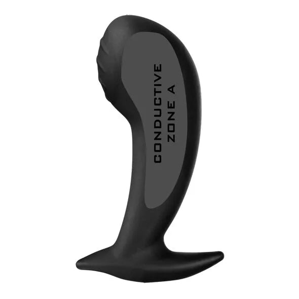 Électrode massage point G silicone noir, courbe ascendante, nervurée, connecteurs 2mm, ergonomique pour stimulation féminine.