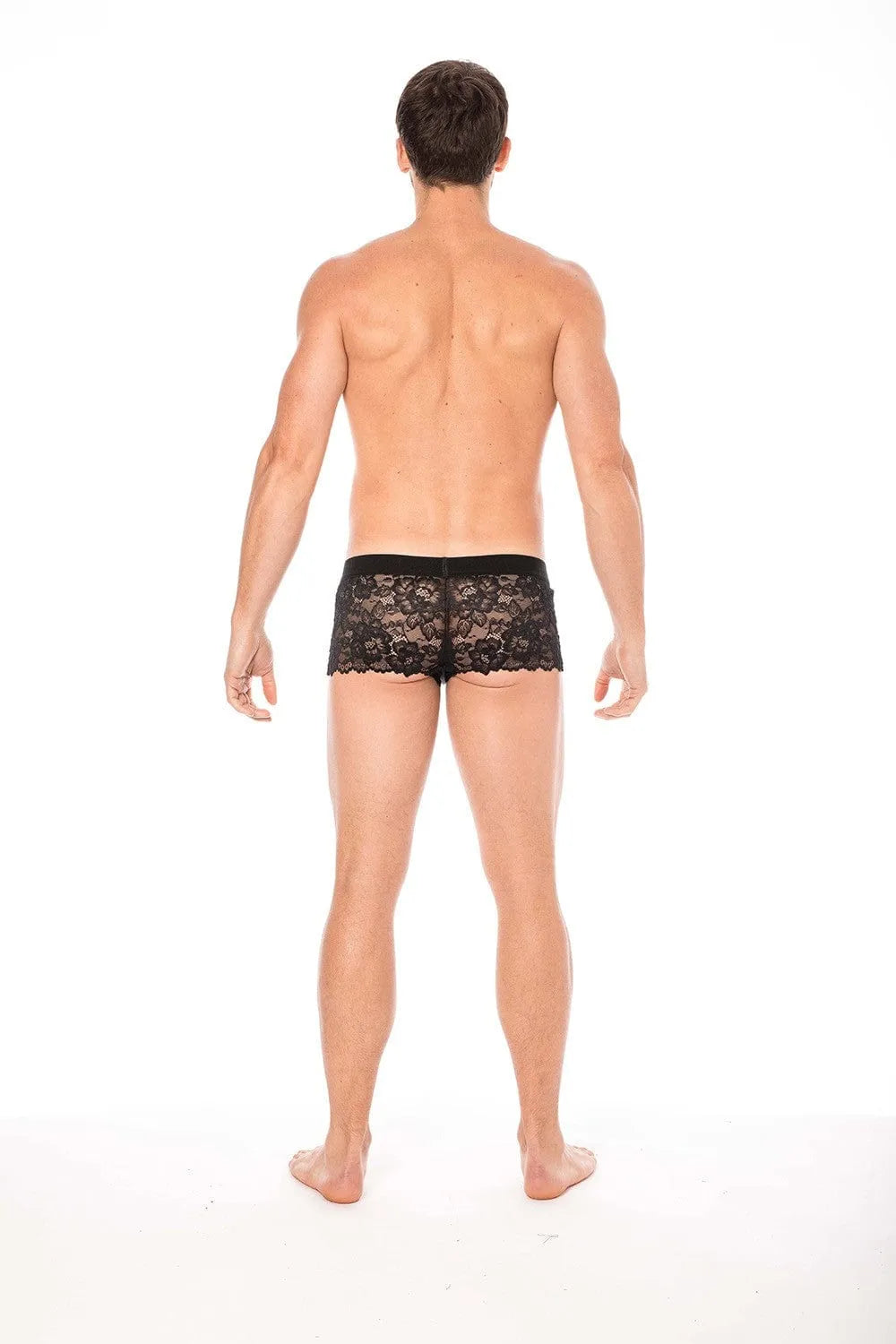 Boxer homme dentelle noire florale, ajusté, poche opaque, extensible, élégant et sensuel, vue arrière.