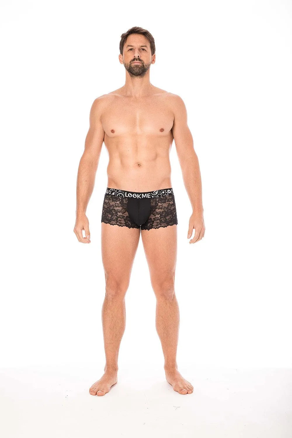 Boxer homme noir en dentelle florale, ajusté et confortable, avec poche opaque, en polyester et élasthanne.