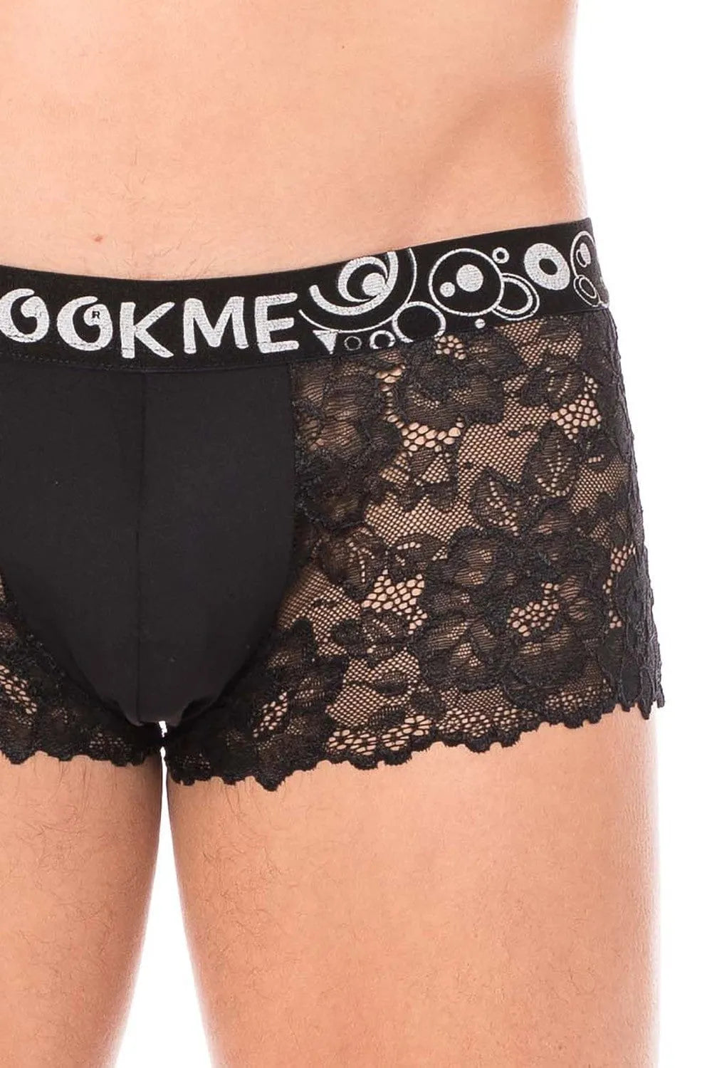 Boxer homme noir dentelle florale, poche opaque, ajusté, extensible, polyester élasthanne, raffiné et confortable.