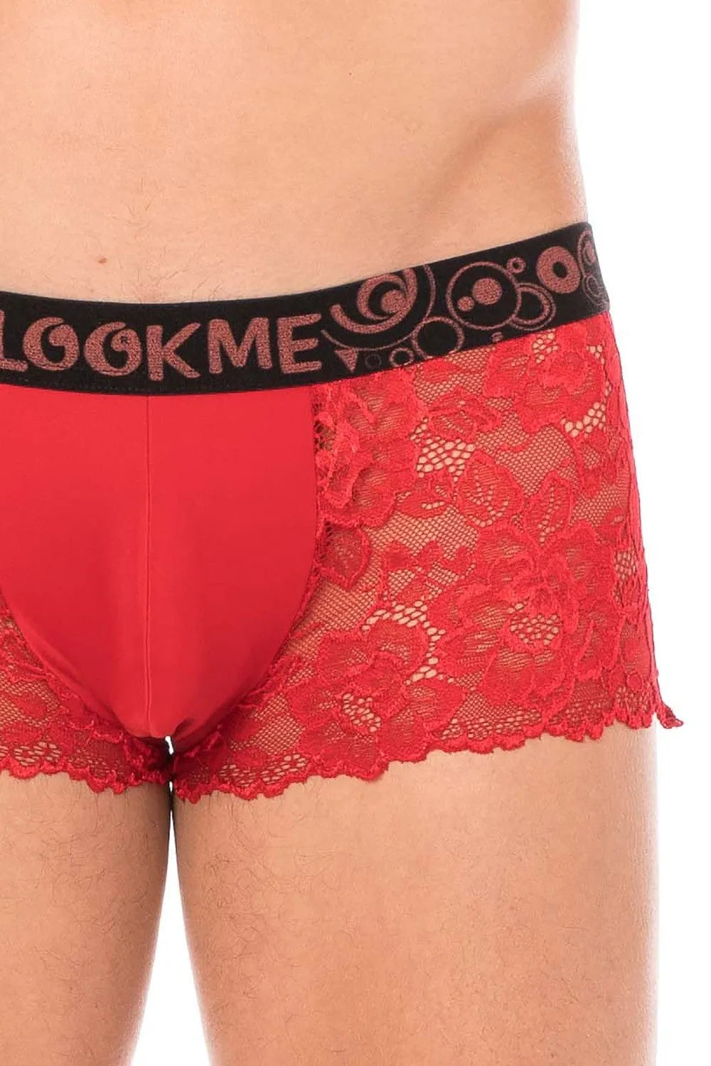 Boxer homme rouge dentelle florale, poche opaque, maintien affinant, polyester élasthanne, confort et élégance.