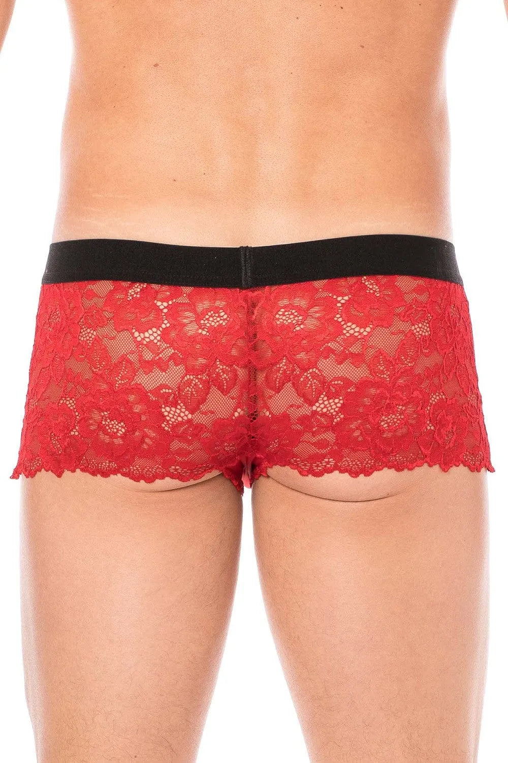 Boxer homme rouge en dentelle florale, poche opaque, coupe ajustée, confort optimal, élégant et séduisant.