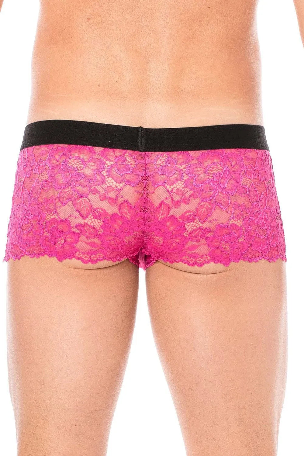 Boxer homme dentelle magenta florale, poche opaque, maintien affinant, confort extensible, style audacieux.