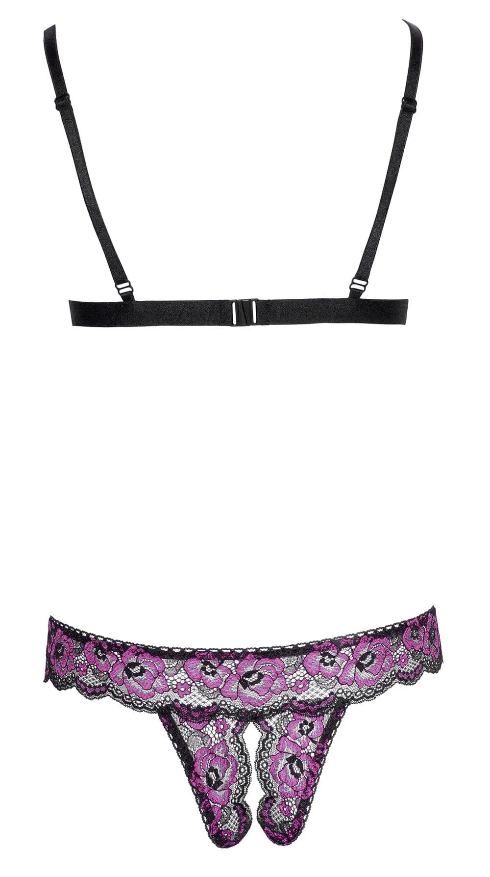 Ensemble lingerie dentelle bicolore rose noire, soutien-gorge souple, bonnets couvrants, culotte ouverte entrejambe.