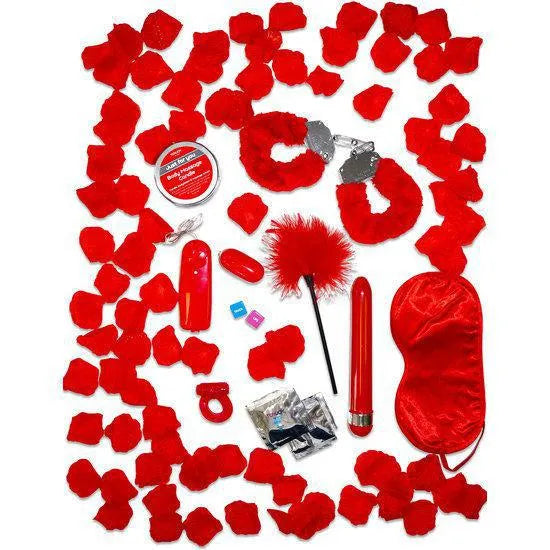 Coffret romantique rouge avec pétales, bougie, plumeau, vibrateur, anneau vibrant, masque et lubrifiant pour soirées sensu...